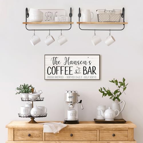 Floating Wall Shelves for Kitchen Bathroom Coffee Nook with 10 Adjustable Hooks for Coffee Mugs, Coffee Bar Organizer and Decor, Rustic Storage Shelves Set of 2 - view 2