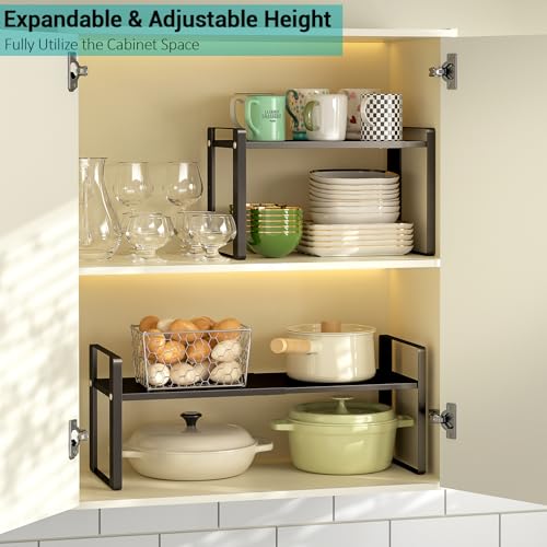 2 Pack Expandable Cabinet Organizer Shelves, 88lbs High Weight Capacity, Stackable Heavy-Duty Metal Storage Rack, Adjustable Cabinet Shelf for Kitchen, Pantry, Cupboard, Under Sink, Black - view 2