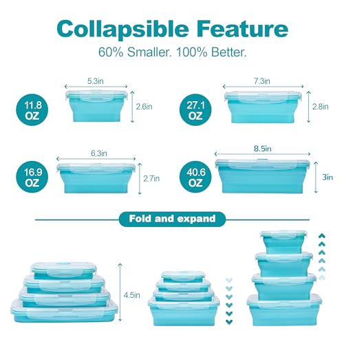 Set of 4 Collapsible Silicone Food Storage Container, Leftover Meal box For Kitchen, Bento Lunch Boxes, BPA Free, Microwave, Dishwasher and Freezer Safe. Foldable Design Saves Your Space. - view 2