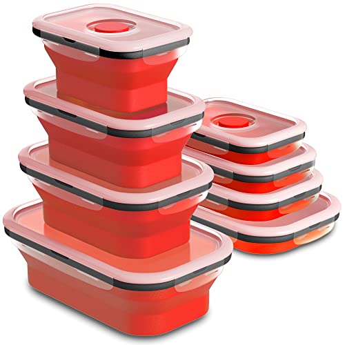 Set of 4 Collapsible Foldable Silicone Food Storage Container With BPA Free, Leftover Meal Box With Airtight Plastic Lids For Kitchen (Red)