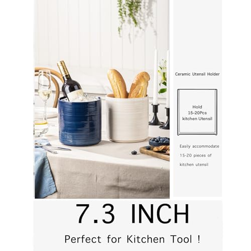 Large Utensil Holder for Kitchen Counter, 7.3” Ceramic Cooking Utensil Crocks for Spatula & Spoon, Farmhouse Kitchen Utensil Holder with Cork, Home Decor, Dark Blue - view 4