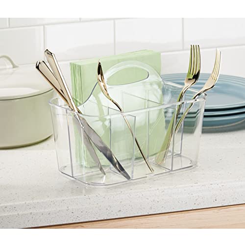 Plastic Cutlery Storage Organizer Caddy Bin Tote with Handle - Kitchen Cabinet Divided Pantry Basket for Forks, Knives, Spoons, Napkins, Indoor/Outdoor Use, Lumiere Collection, Clear - view 3