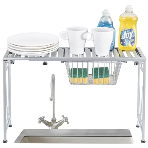 Silver Metal Over The Sink Organizer Shelf with Pull Out Drawer, Expandable Kitchen Caddy Rack, Bathroom Storage Shelf Riser with Scrollwork Design - view 5