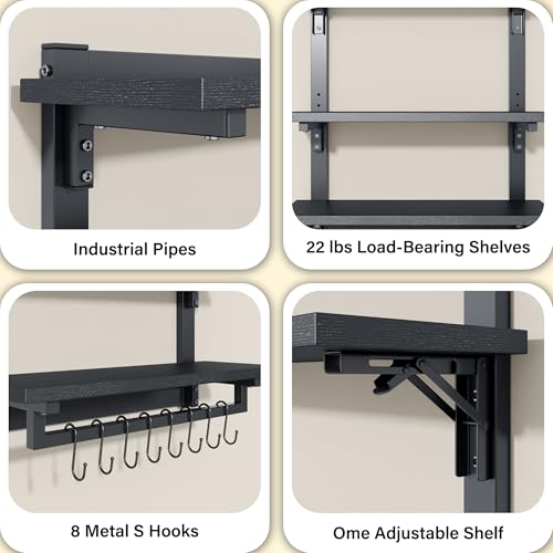 24" Foldable Gaming Floating Shelves with LED Lights, 4 Tier Display Rack with Adjustable Shelf, Wall Mounted Shelf with Hanging Rod and 8 S-Hooks for Gaming Room, Black - view 6