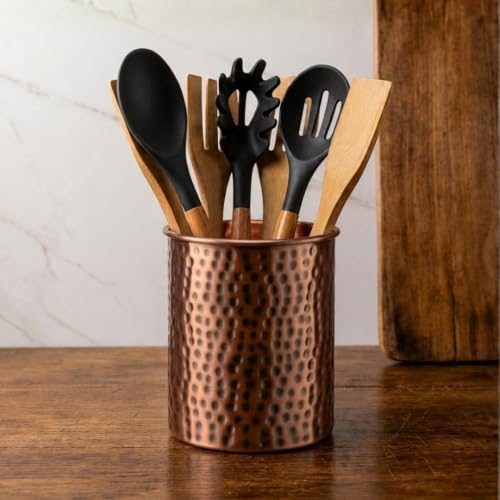 Kitchen Utensil Holder – Hand Hammered Metal Antique Copper Utensil Holder, Decorative Utensil Crock for Kitchen Counter, Cooking Tool and Spatula Holder for Countertop, Caddy Organizer - view 6
