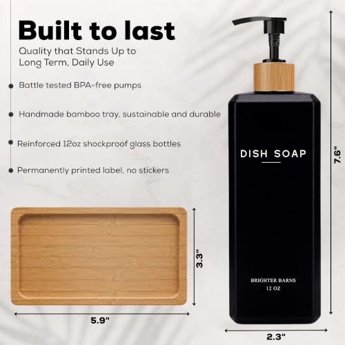 Black Glass Hand and Dish Soap Dispenser Set - 12oz Kitchen Soap Dispenser Set with Bamboo Tray and Pump - Boho Modern Home Decor for Kitchen Sink, Restaurant, Hotel, Gifts (Black) - view 3