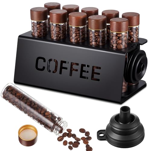 Single Dose Coffee Bean Storage Kit 10 Glass Test Tubes(2 Oz) with Acrylic Stand and Funnel Airtight Espresso Dosing Tubes Coffee Organizer for Countertop Home Barista Essentials