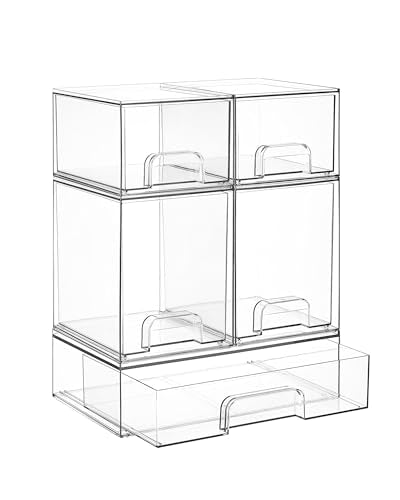 Clear Stackable Storage Drawers Set of 5, Plastic Organizer Bins