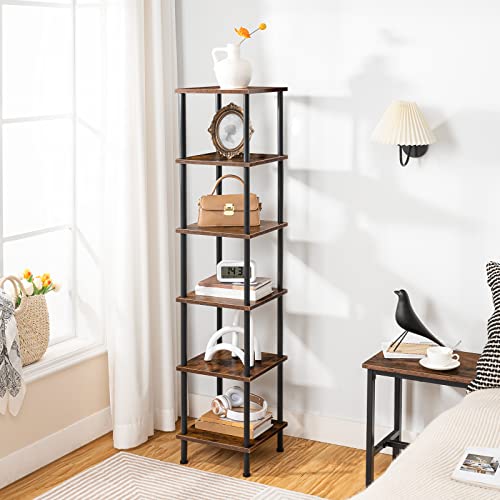 6-Tier Corner Shelf, Corner Square Rack Display Shelf, Tall Storage Rack Plant Stand, Bookcase for Small Spaces, Living Room, Home Office, Kitchen, Rustic Brown and Black BF55CJ01 - view 5