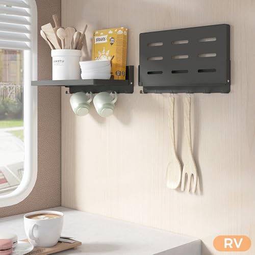 Small Folding Metal Shelf with Hooks, RV Fold-Down Wall Shelf, 6 Hooks, Drop Down Floating Shelf for Laundry Room, Kitchen, Bedside, Toilet Room, Bathroom, Utility, Black（11.8", 1 Pack） - view 2