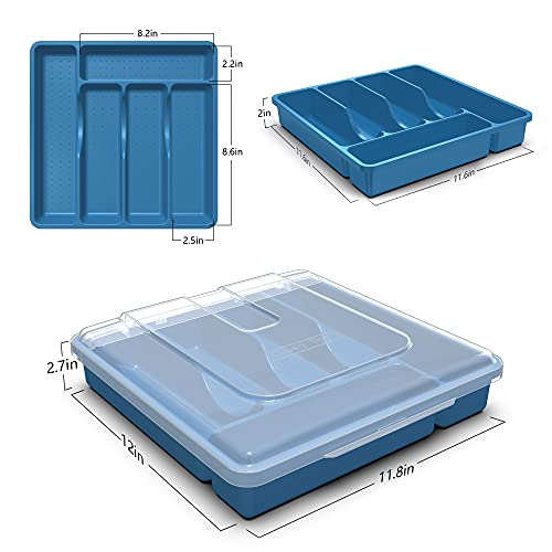 𝐅𝐥𝐚𝐭𝐰𝐚𝐫𝐞 𝐎𝐫𝐠𝐚𝐧𝐳𝐢𝐞𝐫 𝐰𝐢𝐭𝐡 𝐋𝐢𝐝, Plastic Silverware Tray for Drawer, 5 Compartments Utensil Holder for Countertop, Navy Blue - view 4