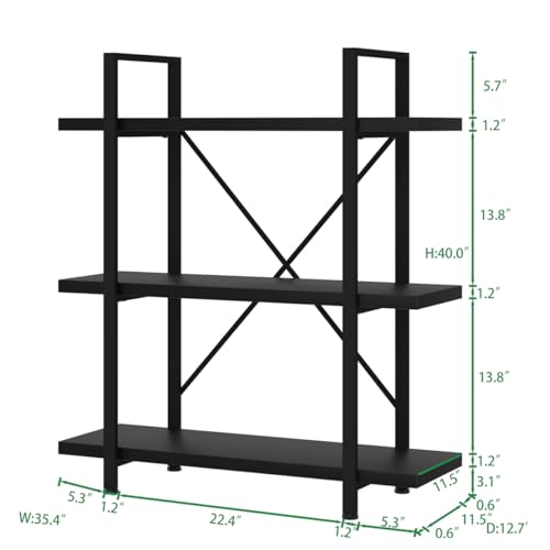 3 Tier Black Bookshelf, Industrial Small Metal Storage Book Shelves - view 2