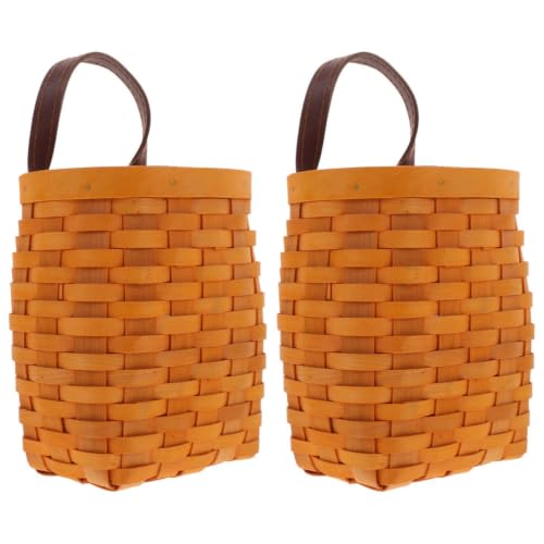 2pcs Woven Hanging Fruit Basket, Wood PU Wall Storage for Kitchen Use