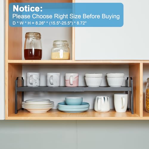 25.5 Inches 2 Pack Expandable Cabinet Shelves, Stackable Shelf Organizer for Kitchen Cabinet Countertop Storage, Adjustable Counter Cupboard Pantry Organizer Shelf Rack Stand Riser, Black - view 5