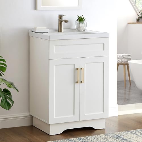 Bathroom Vanity with Sink, 24-Inch Bathroom Vanities Cabinet with Large Storage Space, Wooden Bathroom Sink Cabinet, White