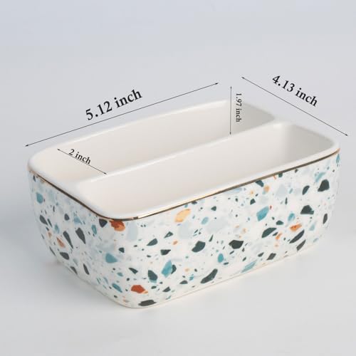 2 Compartment Ceramic Sponge Holder for Kitchen Sink, Dishwasher Safe Terrazzo Marble Pattern Sink Caddy Organizer for Sponge and Soap, Farmhouse Kitchen Countertop Decor, Light Blue - view 7