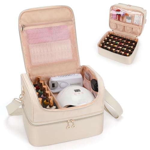 Nail Polish Organizer, Portable Nail Polish Storage Case Holds 45 Bottles Nail Polish & Nail Lamp, Travel Nail Supplies Organizer for Nail Tech Kit & Manicure Tools (White, 45 Slots)
