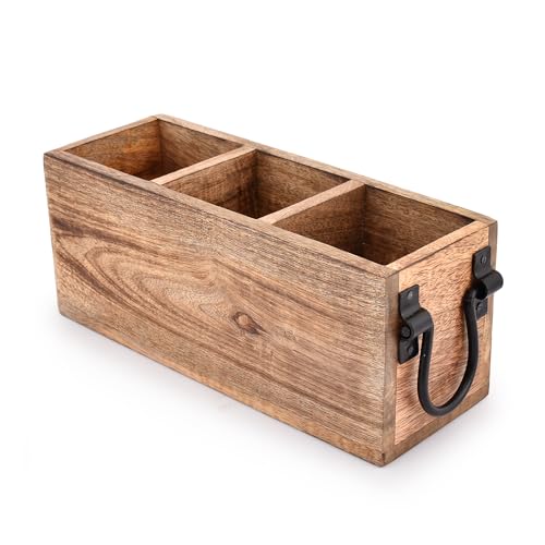 Mango Wood Cutlery Holder Caddy Organizer Wooden Utensil Storage Organizer Countertop for Silverware Fork Spoon Spatula 3 compartments (11" x 4" x 4.5") - view 2