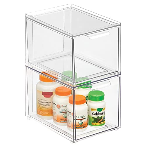 Plastic Bathroom Organizer Bin w/Pull Out Drawer - Slim Stackable Storage Container for Bathroom Accessories - Perfect for Organizing Bathroom Cabinet - Lumiere Collection - 2 Pack - Clear