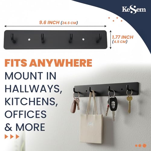 Key Holder Wall Mount, Key Rack with 4 Hooks for Wall/Door Mounted Metal Keys Rail Hanger, 2 Installation Options Self Adhesive or Screws, Black - view 2