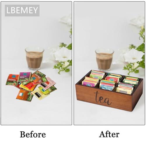 Tea Bag Organizer, Wood Tea Storage Containers with 6 Compartments, Sugar Packet Holder,Tea Bag Caddy Box for Cabinet Countertop Office (Brown-Labeled "Tea") - view 6
