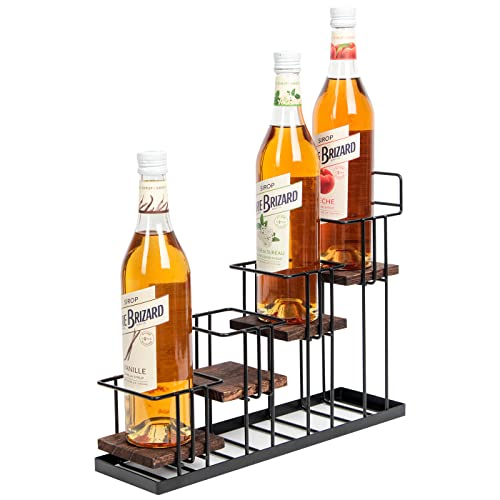 Coffee Syrup Organizer Rack, Rustic Wood and Metal Wire, 4-Tier Display Holder Coffee Station Bar Accessory for Syrup, Wine, Dressing Bottle Countertop Display Storage Stand for Kitchen - MK816A