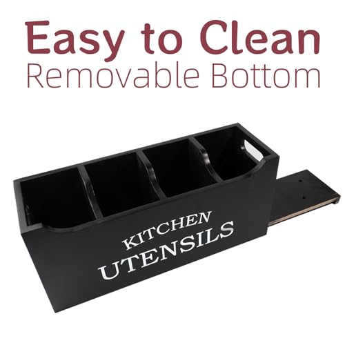 Utensil Holder for Kitchen Counter, Wood Extra Large 4 Compartments Kitchen Utensil Holder with Drainage Bottom for Countertop, Farmhouse Cooking Tools Organizer for Spatula, Black - view 7