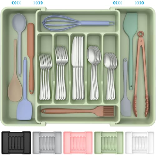 Extra Large Expandable Silverware Organizer, Flatware Tray, Green