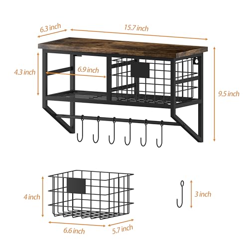Industrial Wall Mounted Metal Wood Floating Shelves with Baskets Hooks Hanging Display Shelf Sundries Holder for Coffee Bar Kitchen Bathroom Organization and Home Decor, Black (16inch, 1 Set) - view 3