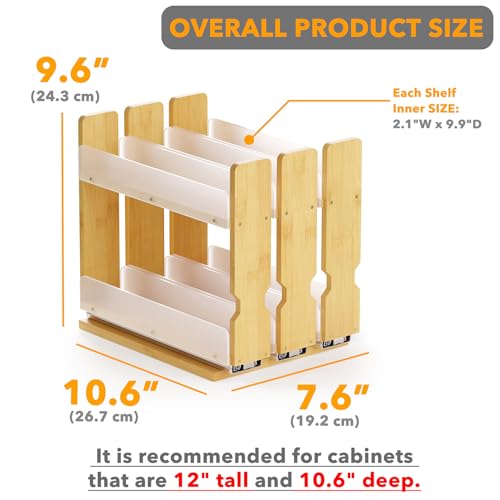 Bamboo Pull Out Spice Rack Organizer for Cabinet, Heavy Duty Slide Out Seasoning Kitchen Pantry Sliding Vertical Organization, 7.6" Wide, 3 Drawers(2" Wide), 2-Tier, Natural - view 3