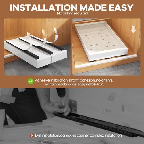 2 Pack Expandable (9"-14") Pull Out Cabinet Organizer 21" Deep With Raising Pad for Framed Cabinets,Upgrade 3 Slide Rails Slide Out Drawers,No Drill Roll Out Shelves Adhesive,White - view 6