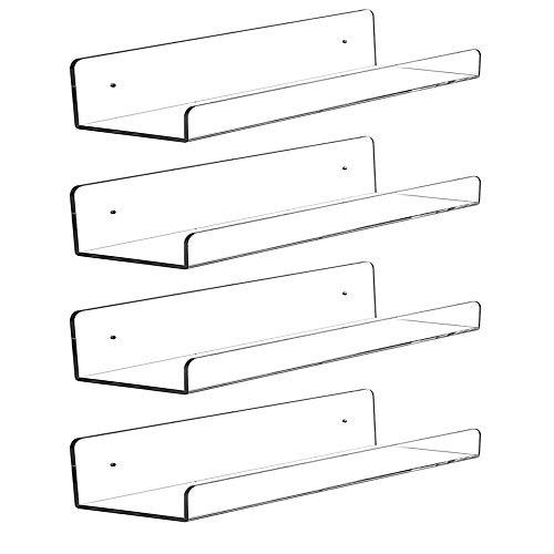 Clear Acrylic Floating Shelves Display Ledge, 5 MM Thick Wall Mounted Storage Shelf for Kitchen/Bathroom/Office,Invisible Kids Bookshelf and Spice Rack,15 Inch,Set of 4