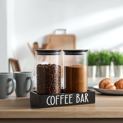 Glass Coffee Canister for Ground Coffee - 2Pcs 45oz Coffee and Sugar Container Set with Airtight Bamboo Lids and Black Tray - Farmhouse Coffee Bean Storage Jars for Coffee Bar Decor and Accessories - view 7