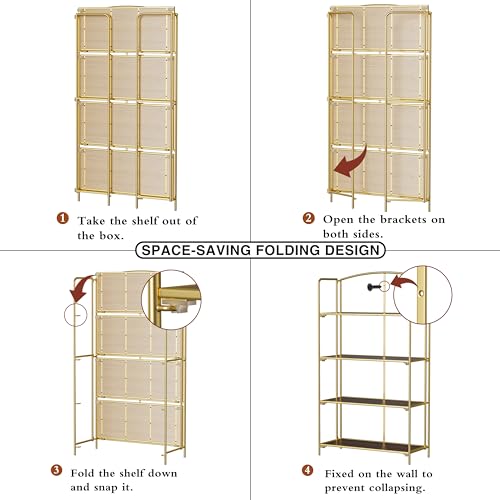 4-Tier Wider Foldable Bookshelf, Gold Frame & Walnut Shelves - view 5
