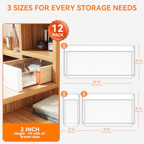 12 Pack Large Clear Plastic Drawer Organizer Trays | MULTI-USE Acrylic Drawer Storage for Kitchen, Bathroom, Makeup, Office, School, Undies | College Dorm Room, Home Apartment Essentials - view 2