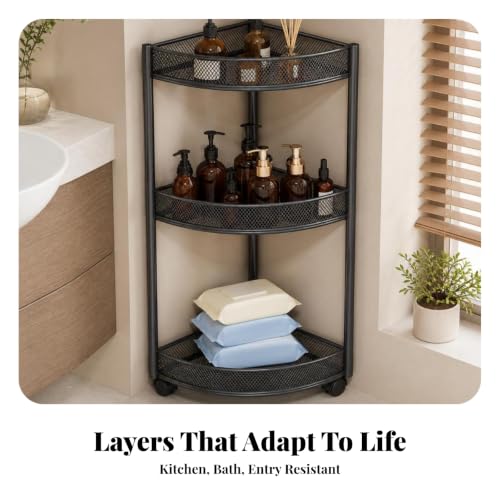 Corner Storage Shelf Triangular Metal Rack with Three Ventilated Mesh Tiers for and Kitchen Organization Compact for, Black, 3-Layer Mobile - view 5