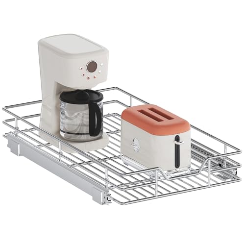 Pull Out Cabinet Organizer, 15.5" W x 21.5" D, Heavy Duty Chrome Slide Out Shelf for Base Cabinets, Sliding Wire Basket Drawer for Pantry Items, Bowls, Containers & Cleaning Supplies