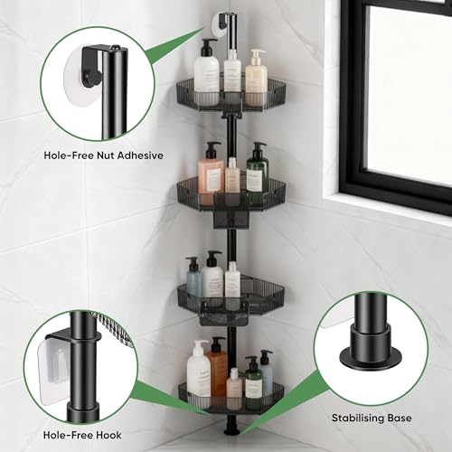 4 Tier Corner Shower Caddy with Modular Poles ABS Basket & Carbon Steel Shower Organizer Adjustable Tension Rod Screw Free Shower Caddy Wall Mounted Rack Shelves Storage Bathroom Accessories - view 4