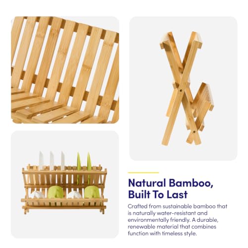Dish Drying Rack, 2 Tier Bamboo Drying Rack, Freestanding Collapsible Countertop Dish Drainer, Folds Flat for Compact Storage, Eco-Friendly Natural Bamboo, 17.72" x 11.1" x 9.45" Open, Ideal for - view 6