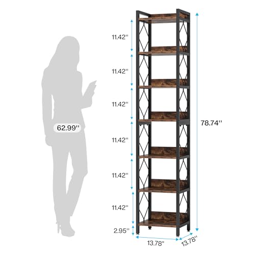 78.7 Inch Tall Skinny Narrow Bookshelf Bookcase, Brown - view 2