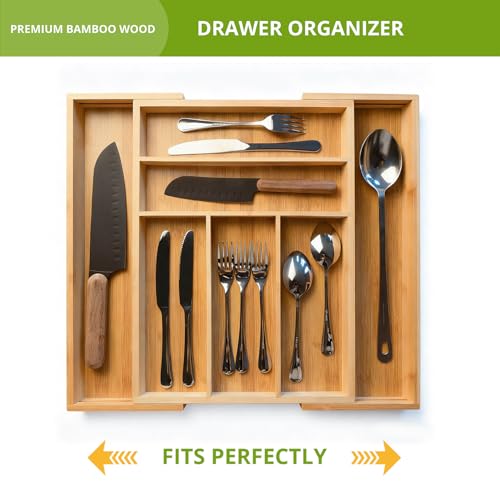 Premium Bamboo Kitchen Drawer Organizer, Perfect for Storing Cutlery, Silverware, and Gadgets, Suitable for Kitchens, Living Rooms, and Bedrooms, 5-7 Compartments, 13 to 19.6 Inches Wide - view 4