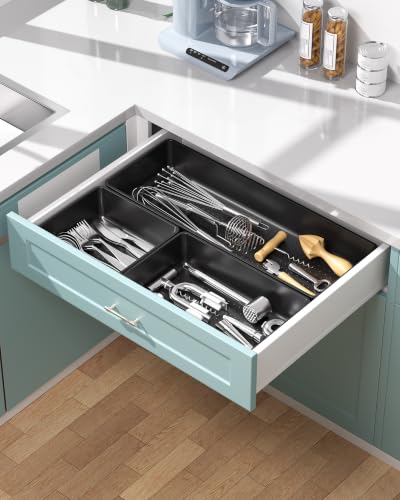 10 Pack Large Size Plastic Drawer Organizers Set, 3 Sizes Desk Drawer Organizer Trays, Storage Bins for Vanity, Makeup, Bathroom, Kitchen Utensils and Office (Black) - view 6
