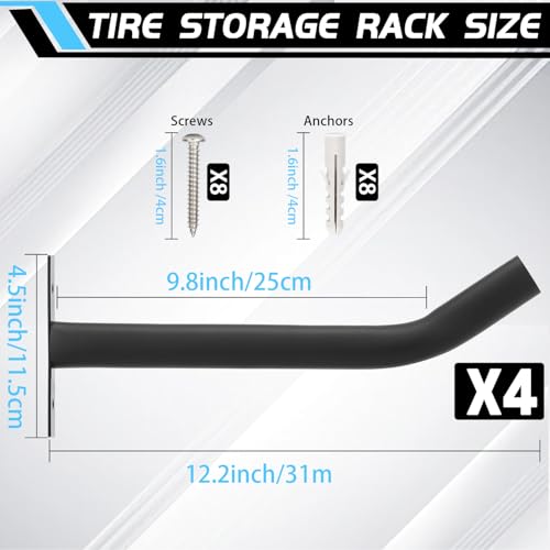 4 Pcs Tire Wall Hooks, Heavy Duty Garage Storage System, Strength Steel Tyre Rack for Car, SUV, Motorcycle Tires, Ladders & Chairs (12.2Inch) - view 3