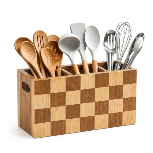 Kitchen Utensil Holder, 3 Compartment Large Wooden Utensil Organizer
