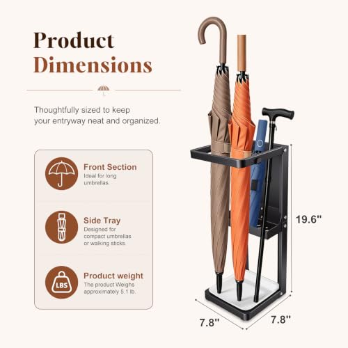 Umbrella Stand for Entryway, Sturdy Metal Umbrella Holder Indoor with Removable Drip Tray, Small Umbrella Rack for Long and Compact Umbrellas, Black Umbrella Storage Stand for Home Office - view 2