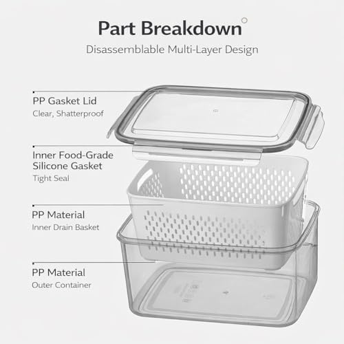 Food Storage Containers for Fridge, 4 in 1 Preservation System Household Transparent Plastic Food Storage Box-Including Drain Basket, For Vegetable and Berry, Kitchen Organizer(Three-piece set) - view 3