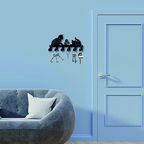 Metal Key Holder Black Key Hooks Wall Mount Hanger Decor Hanging Organizer Rock Decorative with 6 Hooks Cat and Flower Pattern for Front Door Entryway Cabinet Towel 10.6 x 5.1inches - view 7