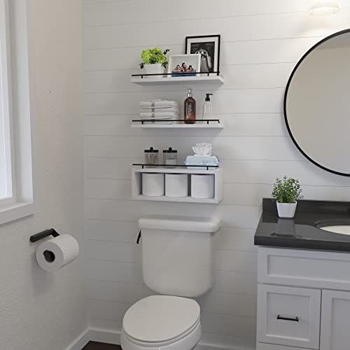 Floating Shelves for Wall with Cube Shelf, Wall Shelves with Metal Rail for Decor, Bathroom Organizers and Storage, Over Toilet Shelves for Bathroom, Toilet Paper-White - view 4