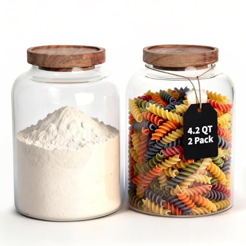 2 PCS Large Glass Food Storage Jars with Airtight Lids, 4.2 Qt Wide Mouth Glass Canister Set for Pantry, Rice, Flour, Sugar, Cereal & Coffee