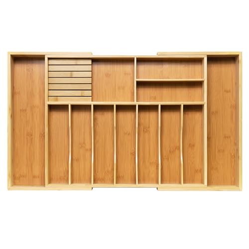 Extra Large Kitchen Utensil Holder, Bamboo Silverware Drawer Organizer, Expandable Cutlery Organizer with Knife Block, Multifunctional Drawer Divider (10-12 compartments)